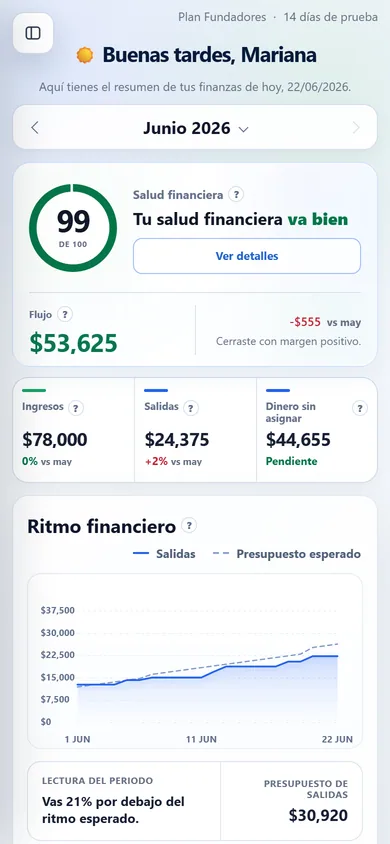 Dashboard móvil de LANNA con salud financiera, flujo, ingresos, salidas, dinero sin asignar y ritmo financiero.
